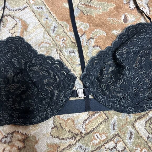 Free People Intimately Bralette 34B Front Closure T Strap Black Lace Underwired - Picture 2 of 6